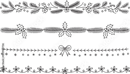 Christmas Divider Outline Manual Design Set  Winter Holiday Text Borders with Fir and Holly