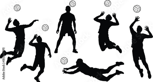 Silhouettes Collection of Men Playing Volleyball in Various Dynamic Action Poses Including Spiking Jumping Diving and Serving for Sports Design