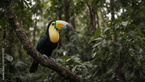 Keel-billed Toucan Perched on a Branch in Lush Tropical Rainforest.