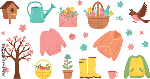 Spring garden vector set featuring a birdhouse watering can floral basket bird yellow rain boots pink sweaters and a blossoming cherry tree.