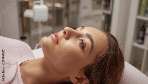 Woman Lying on a Treatment Table in a Spa During a Skincare Session