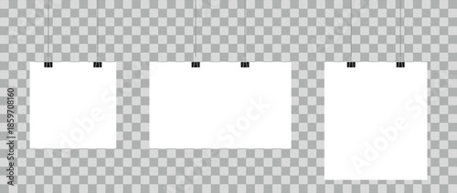 White Hanging Paper Icon Set. Blank Retail Tag and Signage Symbols. Empty Price Tag. Blank Sales Banner, Discount Label, and Clearance Tag Symbol Collection. Hanging Poster