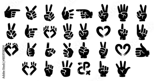 Collection of black silhouette hand gesture icons showing peace sign, pointing, heart shape, and various number counts isolated on