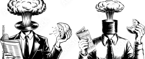 Black and white illustration of two businessmen with nuclear explosion heads consuming information and food