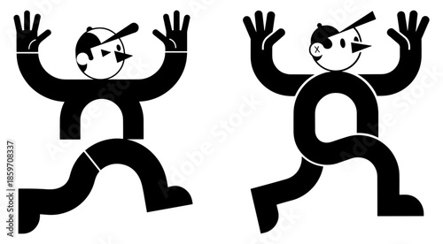 Two stylized black and white figures with hands up in surrender or surprise pose, isolated on