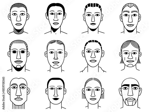 Collection of twelve different male face shapes and hairstyles illustrated in a simple black and white line art style