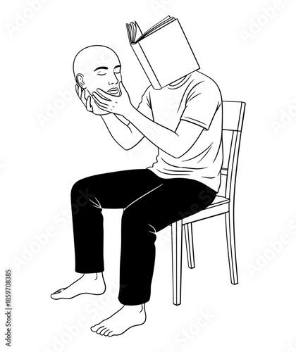 Person sitting on chair with book covering face while holding and looking at a detached human head mask in black and white line art