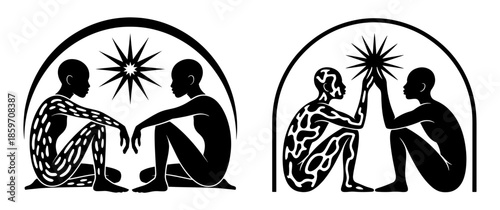 Two stylized black silhouette figures sitting under an arch, one pair facing each other, the other pair touching a star, isolated on