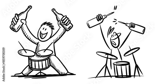 Funny stick figure drummer playing drums with beer bottles instead of drumsticks, isolated on