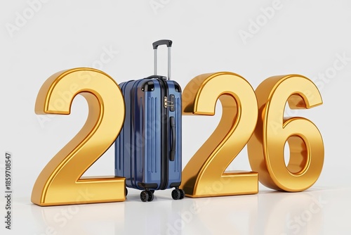 Year 2026 travel planning with a rolling suitcase isolated on a white background for marketing.