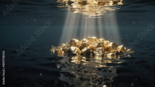 Golden Treasure Submerged in Water with Sun Rays.