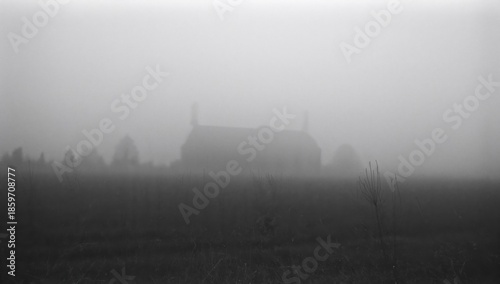 Fog Covers a Building in a Quiet Field During Early Morning in a Rural Area