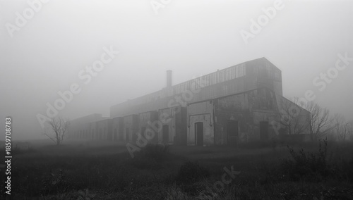 Fog Covers a Building in a Quiet Field During Early Morning in a Rural Area