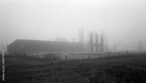 Fog Covers an Old Factory and Ground With Trees in the Background During a Cl...