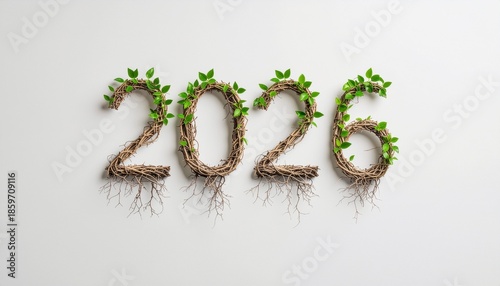 The year 2026, formed by growing roots and fresh green leaves, displayed in a bright, minimalist 3d render.