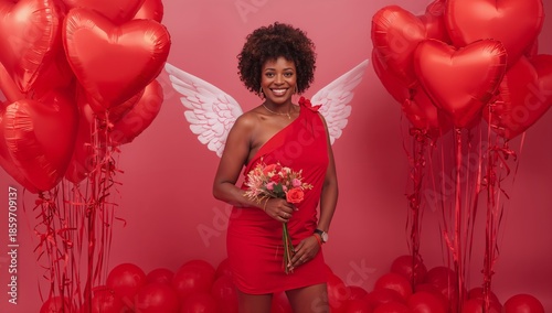 Woman With Heart Balloons and Flowers Celebrates Love Event in Studio Setting