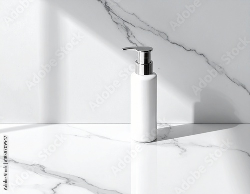 Minimalist studio shot of a clean white pump bottle standing on a bright marble surface with harsh shadows.