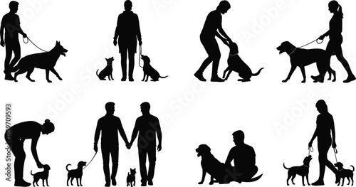 People Walking Dogs Silhouettes Set Featuring Men and Women Training Puppies and Pets for Animal Care Veterinary and Domestic Lifestyle