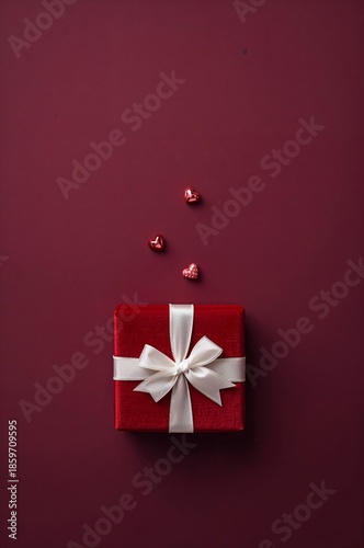 Red Gift Box With White Ribbon and Small Hearts on Dark Background