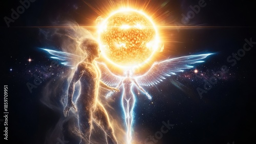 Conceptual artwork of ethereal figures with radiant light and angelic wings