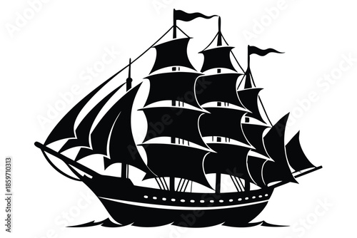 sailing ship line art silhouette vector illustration