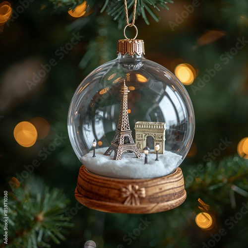 Decorative Snow Globe With Landmarks of Paris Hanging on a Christmas Tree Dur...