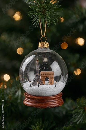 Decorative Snow Globe With Landmarks of Paris Hanging on a Christmas Tree Dur...
