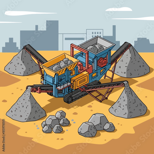 Mobile rock crushing machine processing stones into piles of aggregate with industrial buildings in the background under a cloudy sky.