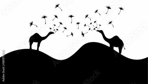 Two camel silhouettes stand on rolling hills, appearing to exhale a cloud of dandelion seeds into the air.