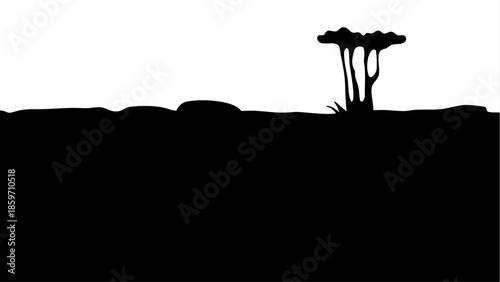 A solitary, distinctively shaped tree stands on a distant horizon in a stark black and white landscape silhouette.