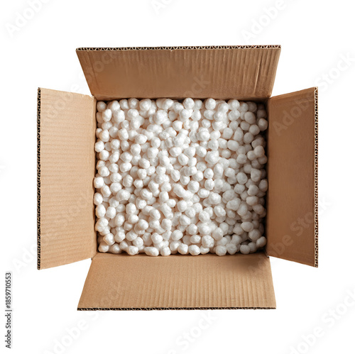 Open cardboard box filled with foam peanuts isolated on transparent background