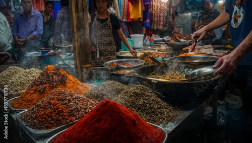 Spices and Herbs on Display in a Busy Market During Evening Hours