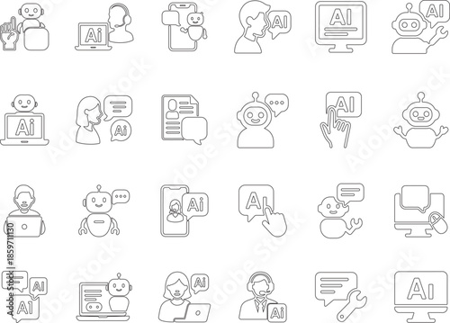 Artificial Intelligence Communication Line Icon Set Vector with AI Assistant Chatbot Human Interaction Speech Bubble Automation Technology UX UI Outline Symbols for Web App Mobile Interface Design