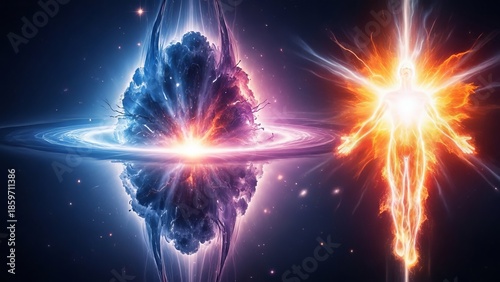 Abstract illustration of energy beings and celestial elements against a dark background