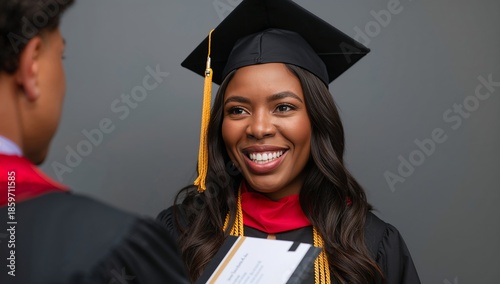 Graduate Smiles While Receiving Diploma During Ceremony at a University Event...