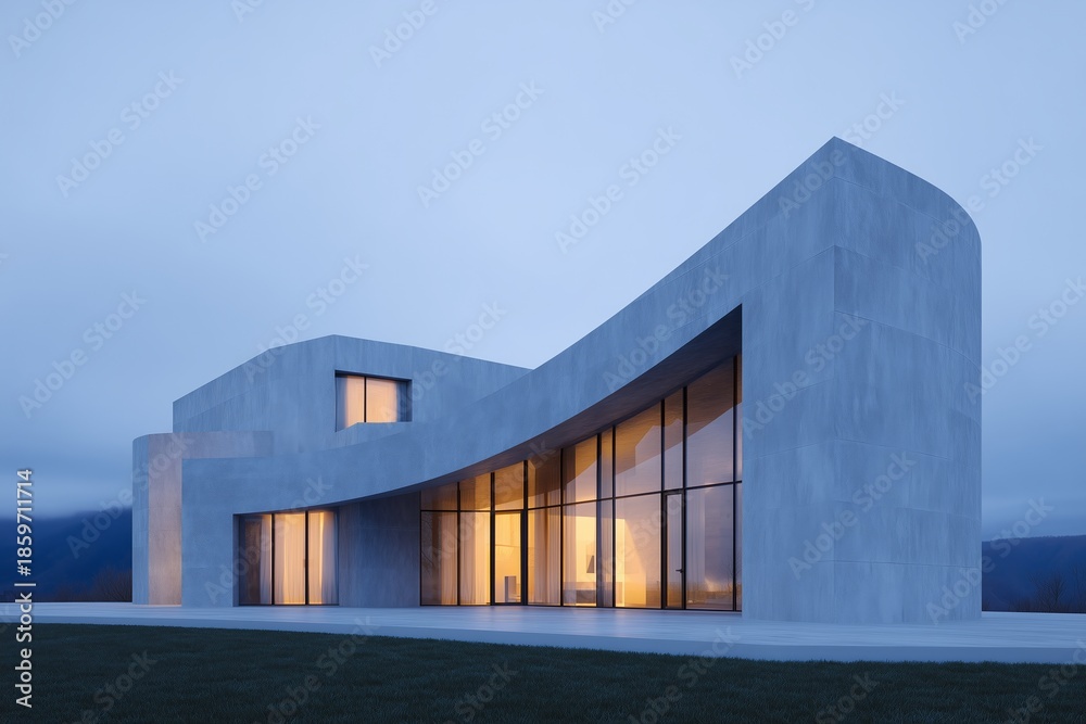 Fototapeta premium Sculptural brutalist home featuring smooth monolithic concrete design, expansive glass windows, and a striking silhouette against a twilight sky, showcasing modern architectural elegance