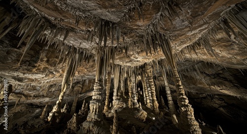 Stalactites Forming Natural Stone Structures Inside a Dark Cave