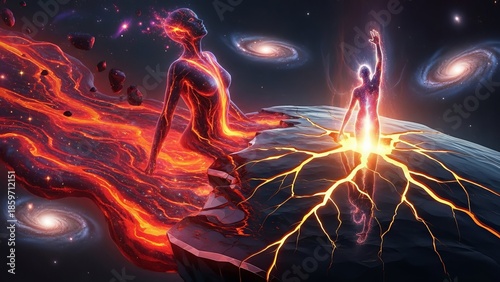 Cosmic beings emerging from celestial lava with galaxy backdrop illustration