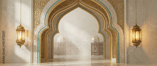 Islamic Ramadan Background with Minimal White Arch and Gold Accents