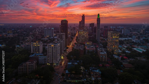 City Skyline During Sunset in a Large Urban Area With High Buildings and Busy...