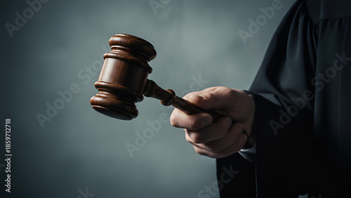 Gavel in Hand — Judicial Justice Symbol in a Dim Courtroom Setting

