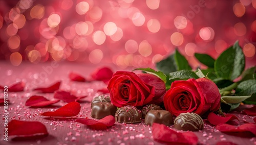 Roses and a Gift Box on a Wooden Table With a Red Bokeh Background in a Festi...