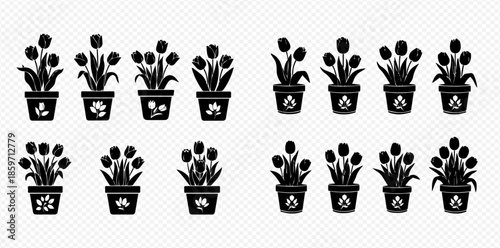 Set of black silhouette potted tulips with various patterns and designs on the flower pots.