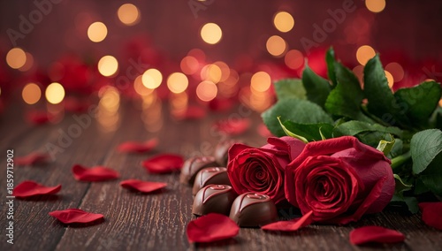 Gifts and Roses Placed on a Wooden Table With Heart Shapes in the Background ...