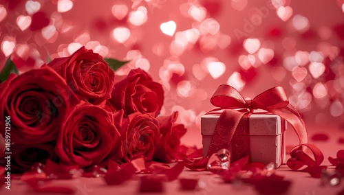 Gift and Roses With Hearts in Background for Special Occasion Celebration in ...