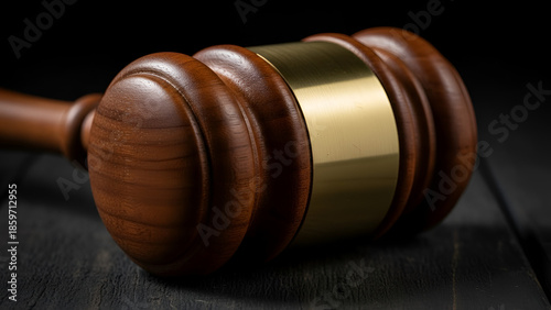 Gavel with Gold Band on Dark Surface — Legal Justice Symbol in Close-Up

