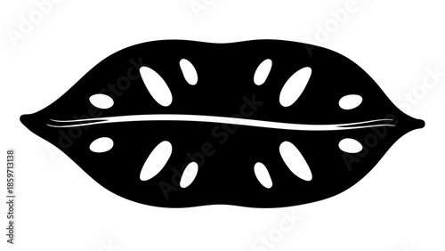 A bold close-up silhouette presents a large, broad, and smooth leaf with a distinct central vein.