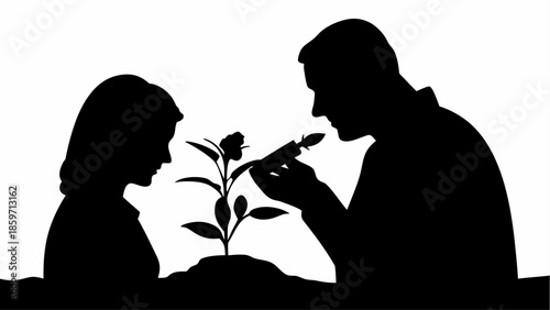 A man and a woman in silhouette are carefully tending to a single plant with a small gardening tool.