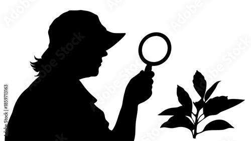 A person wearing a hat is closely examining a plant with a magnifying glass in silhouette.