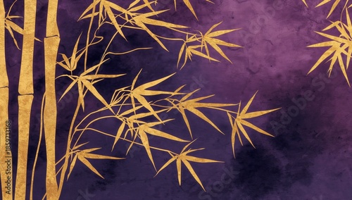 Bamboo Leaves and Stems on a Purple Background Create a Focal Point of Nature